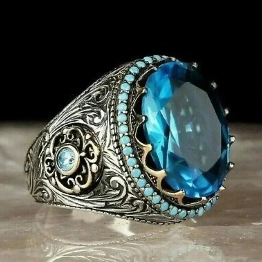 🎀Ethnic Bohemia Style With Big Blue Oval CZ vintage Ring, MLNN1381